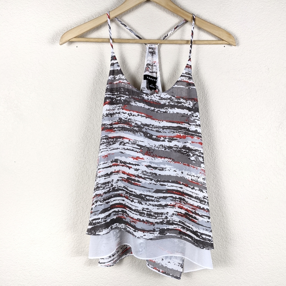 Trouve Grey & Red Sheer Top Medium